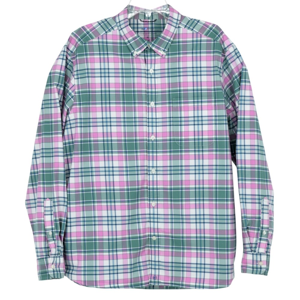 Vineyard Vines Men's XL Pink Green Plaid On-The-Go brrr Performance LS Shirt